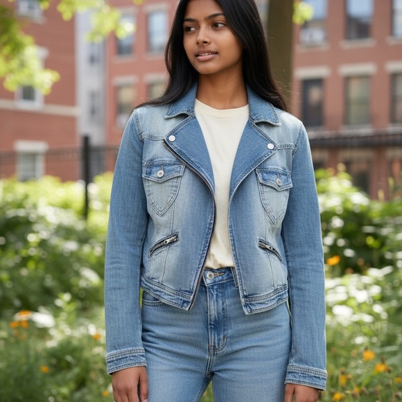 Gina Tricot Classic Denim Jacket Blue Size 40 M 12 Button Front Casual Style - Picture 1 of 5